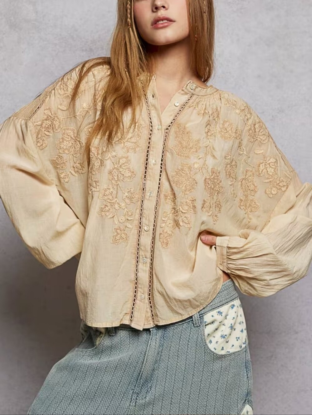 302. POL Boho Embroidered Cream Button-Front Oversized Top